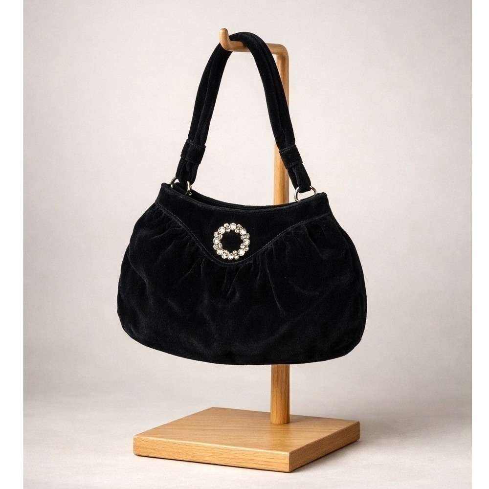 Old Navy 2005 Black Velvet Handbag Purse w/ Rhinestone Pearl Brooch Detail